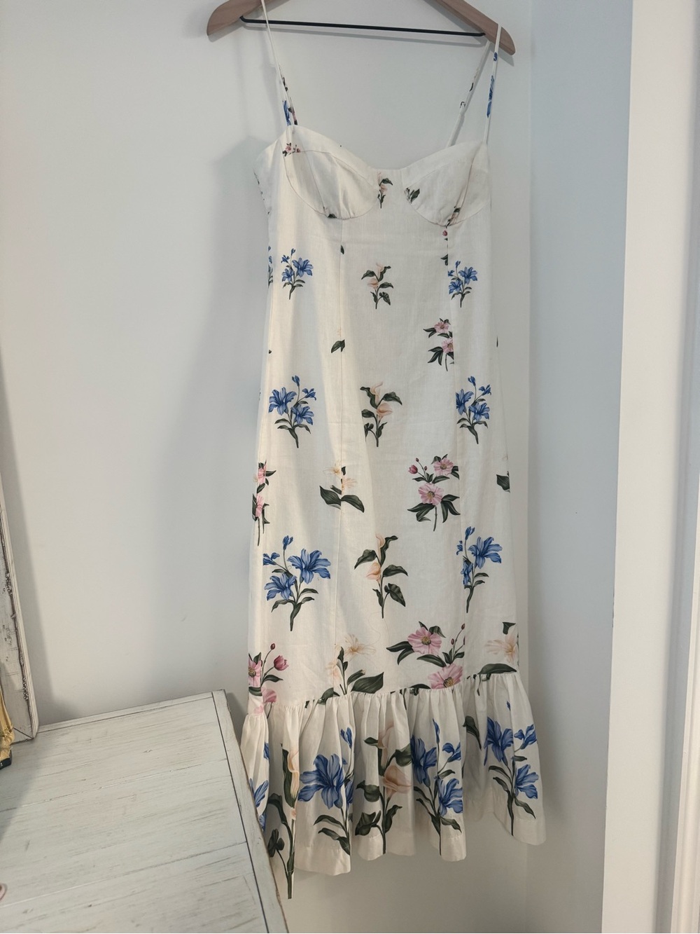 Floral FARM RIO Midi Dress - Cream with Blue & Pink Flowers
